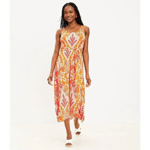 LOFT Paisley Tie Waist Midi Dress Floral‎ Orange Sleeveless Soft Comfy Size XL